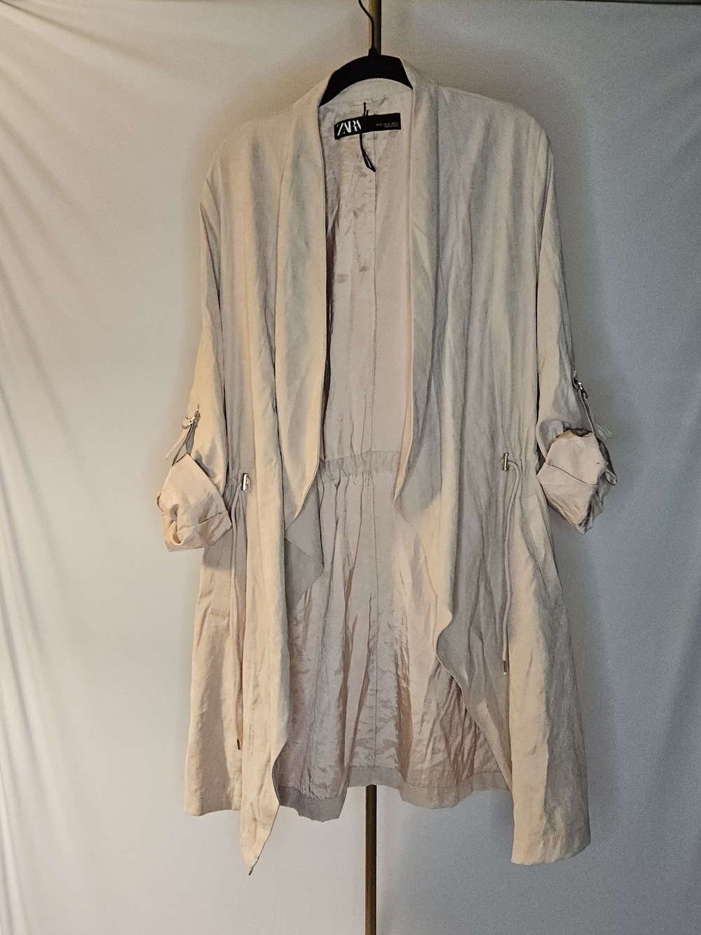 Zara Draped Waterfall Drawstring Trench Jacket with Roll-Tab Sleeves